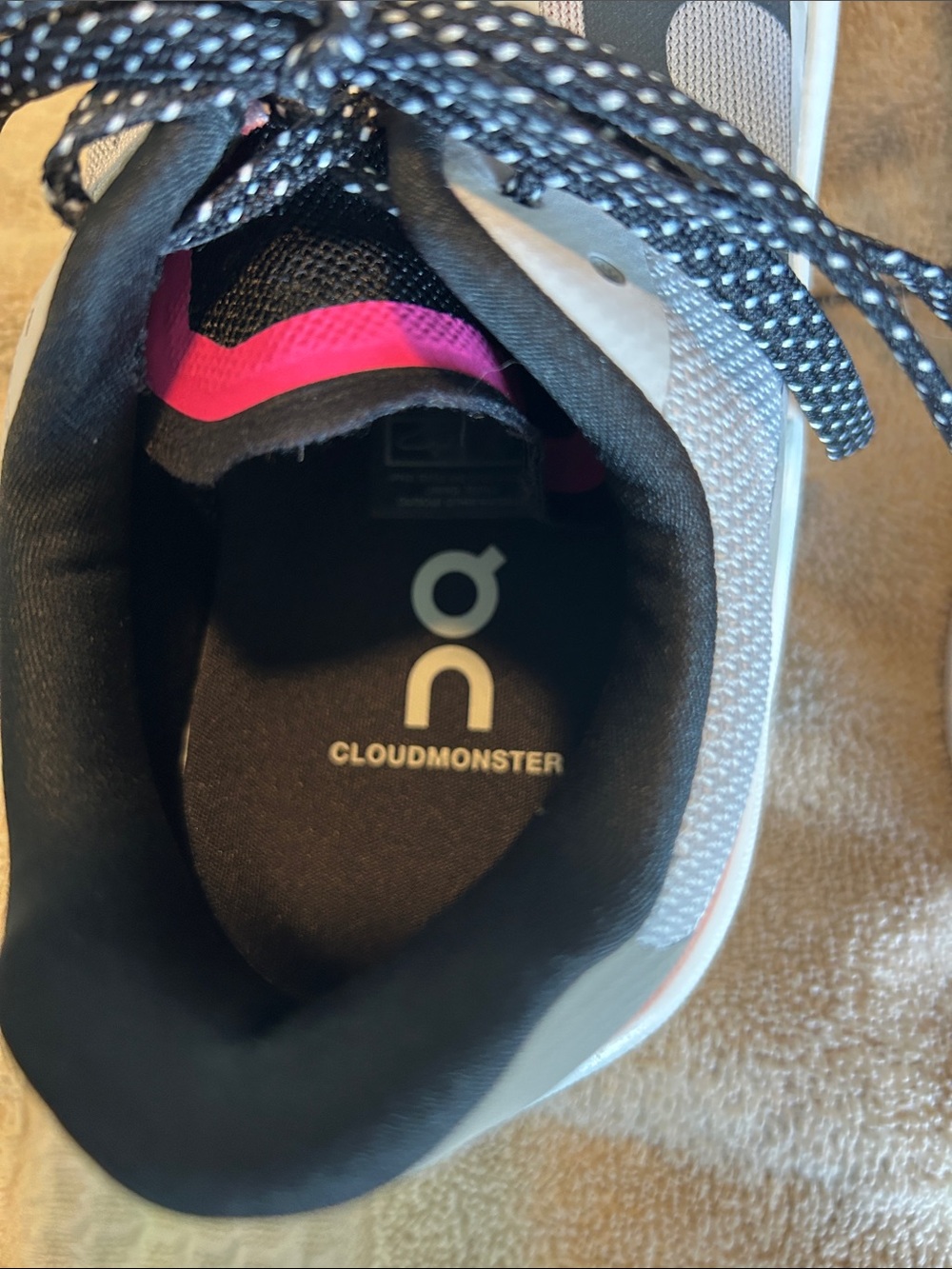 On Cloud Running Women’s CloudMonster Sneakers - Light Gray with Pink Accents - Picture 8 of 8